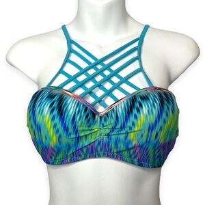 TiniBikini Printed Top With‎ Strappy Back Adjustable Strap Watercolor Stripes